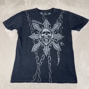 VTG Y2K Affliction Skull Chain Gothic Shirt Mens 2XL Black Preowned Acid Wash